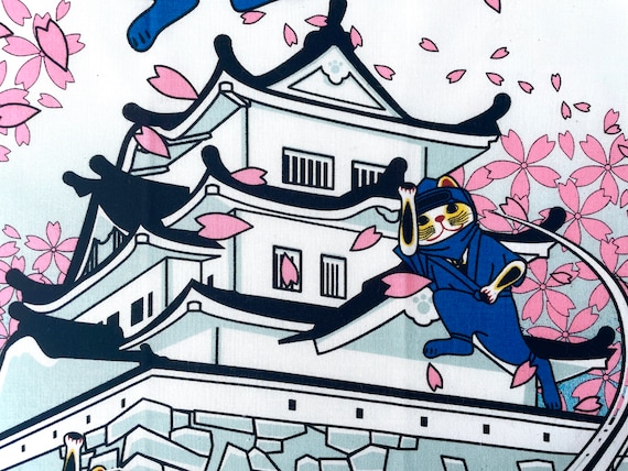 Ninja cat Japanese tenugui, Maneki-neko, ninja Japanese fabric, cat wall décor, cat lovers gifts, kawaii fabric, martial arts tenugui