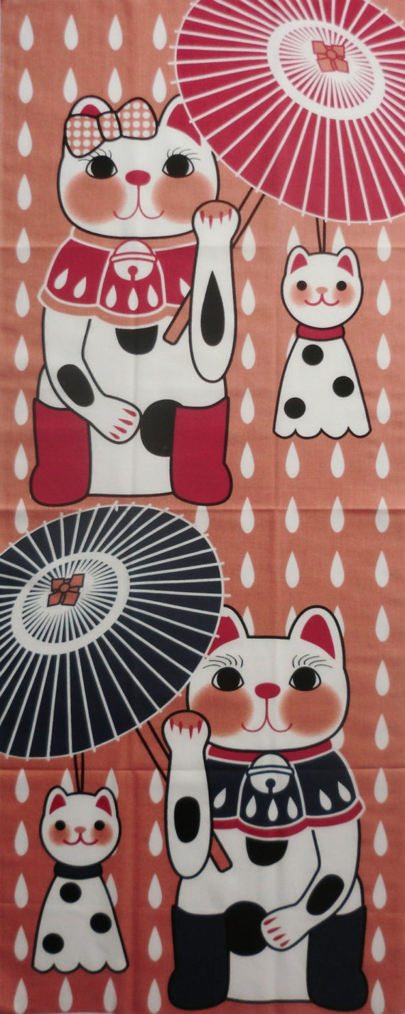 Japanese cat fabric tenugui Maneki-neko raining Fortune Cats, furoshiki fabric, kawaii fabric,Tenugui, cat fabric, kimono fabric, yukata
