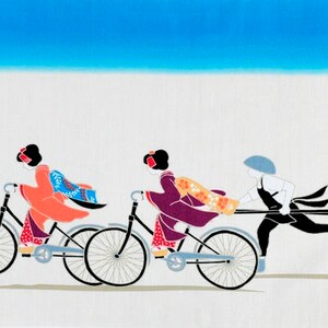 May include: Illustration of three figures in traditional Japanese attire riding bicycles. The figures are in shades of orange, purple, and black, with a blue sky background. The bicycles are black with silver wheels.
