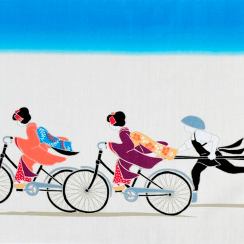 May include: Illustration of three figures in traditional Japanese attire riding bicycles. The figures are in shades of orange, purple, and black, with a blue sky background. The bicycles are black with silver wheels.