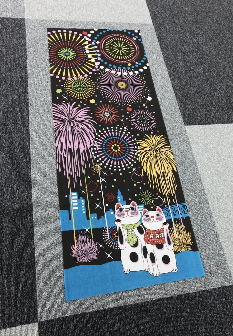 Cats and Summer firework Japanese Tenugui, Maneki neko Fortune Cats in the hanabi, cat kawaii fabric, cat lovers gift, cats noren panel image 1