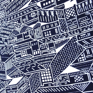 Japanese  tenugui fabric, Japanese houses in kyoto blue indigo fabric,  tenugui kawaii fabric, indigo blue Japanese fabric