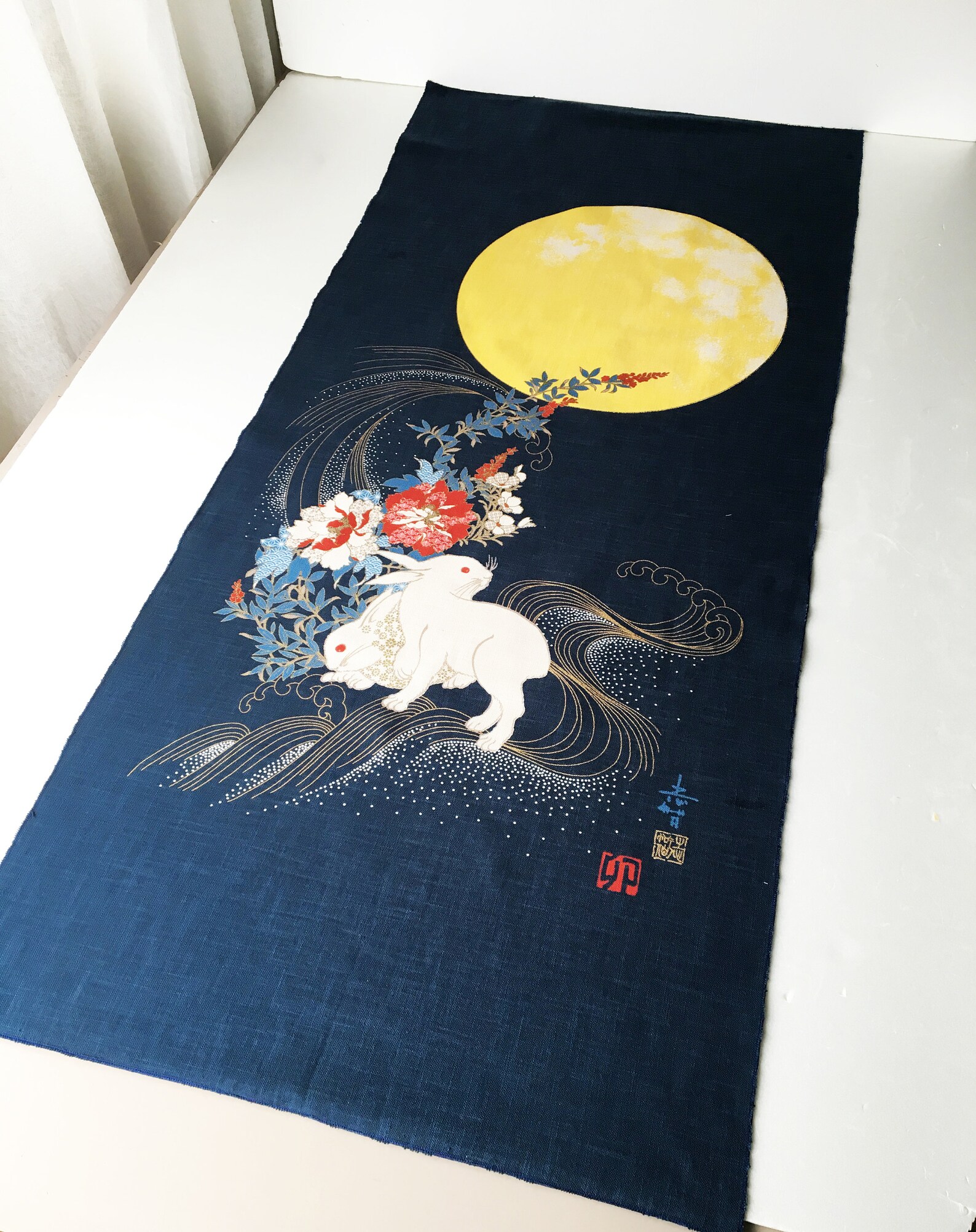 Japanese Bunny Panel Fabric Blue Rabbit Fabric Panel Wall - Etsy