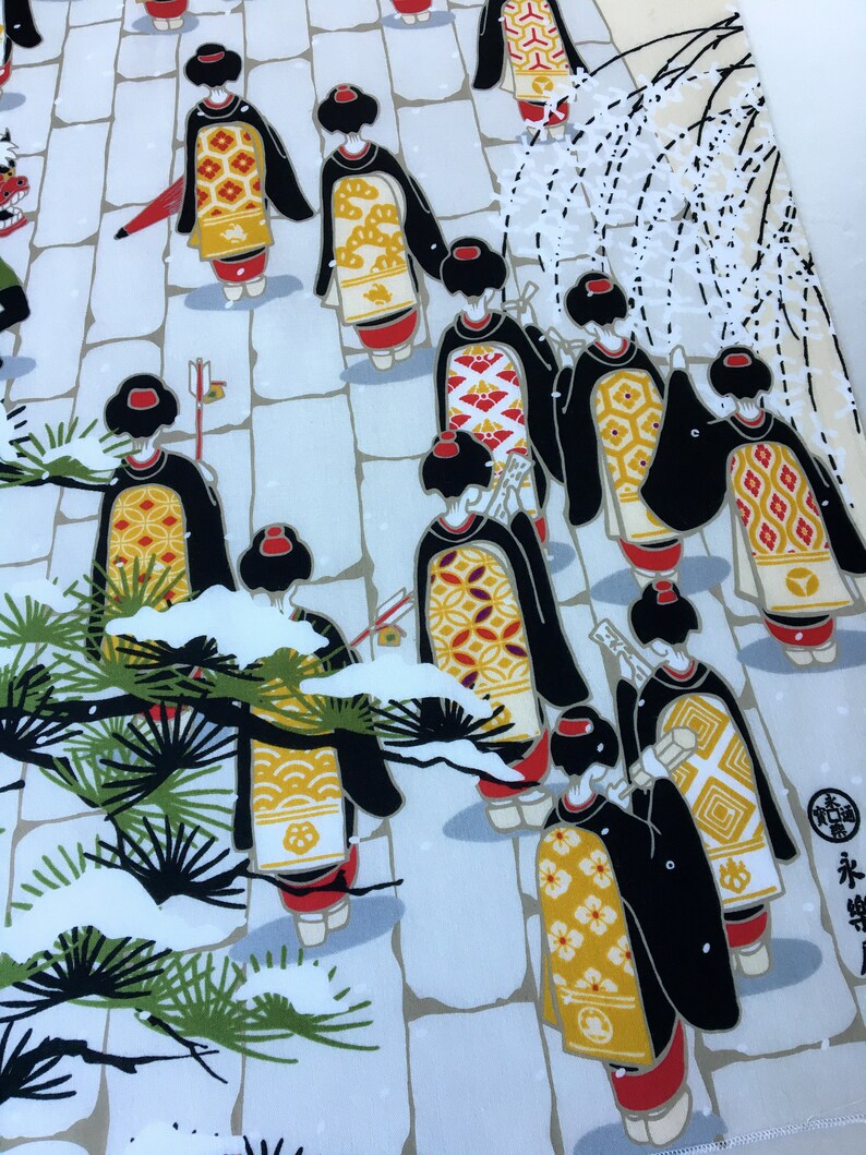 geisha in a kyoto temple geisha wall decoration noren panel kawaii fabric girl kimono Japanese Tenugui cotton fabric Geisha fabric panel