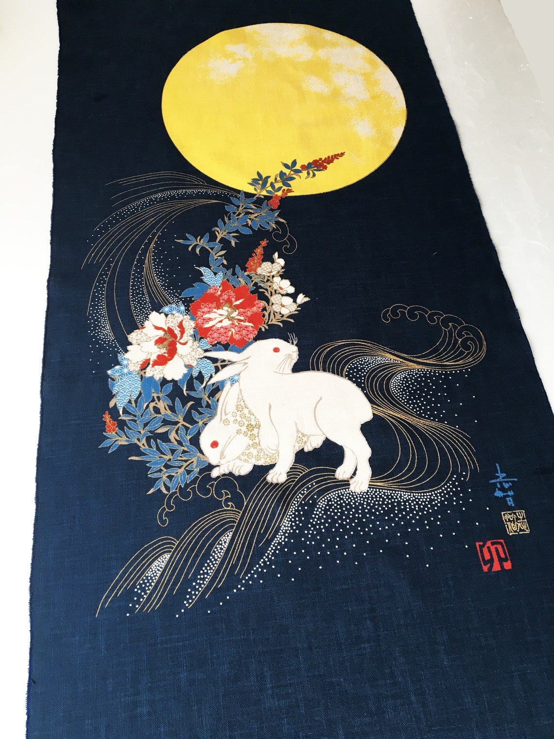 Japanese Bunny Panel Fabric, Blue Rabbit Fabric Panel, Wall Fabric ...