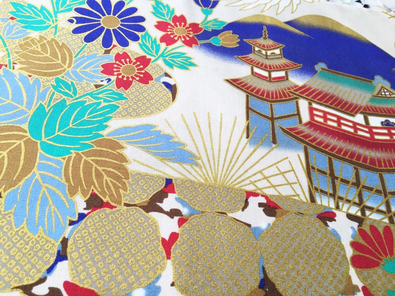 Japanese crane and mount fuji fabric, fabric by yard, kimono fabric, white floral Japanese fabric, wall decoration, quilt fabric, tissue image 10