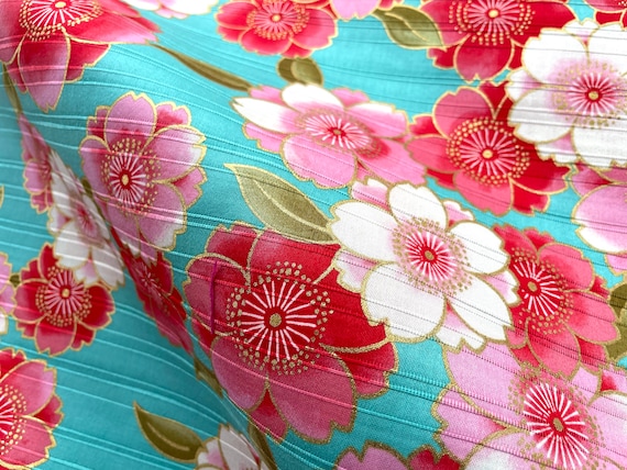 Japanese floral blue traditional fabric, blue sakura wrapping cloth quilt fabric, tissu japonais, kawaii fabric, kimono yukata tissues japan