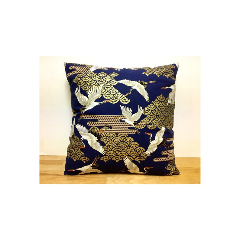 navy blue golden crane pillow case, 19 x 19 inches bedding pillow throw, Japanese golden fabric pillow cover, tsuru & waves pillow cushion image 1