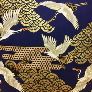 navy blue golden crane pillow case, 19 x 19 inches bedding pillow throw, Japanese golden fabric pillow cover, tsuru & waves pillow cushion image 6