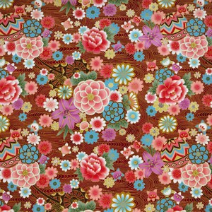 May include: A deep red fabric featuring a repeating pattern of pink peonies, purple lilies, and light blue flowers. The background is filled with thin, wavy gold lines that create a flowing texture throughout the entire floral design.