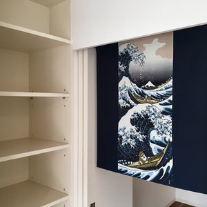 May include: A white bookshelf with four shelves, a white door, and a blue and white tapestry hanging on the wall behind it. The tapestry features a wave design with a boat and a person in it.