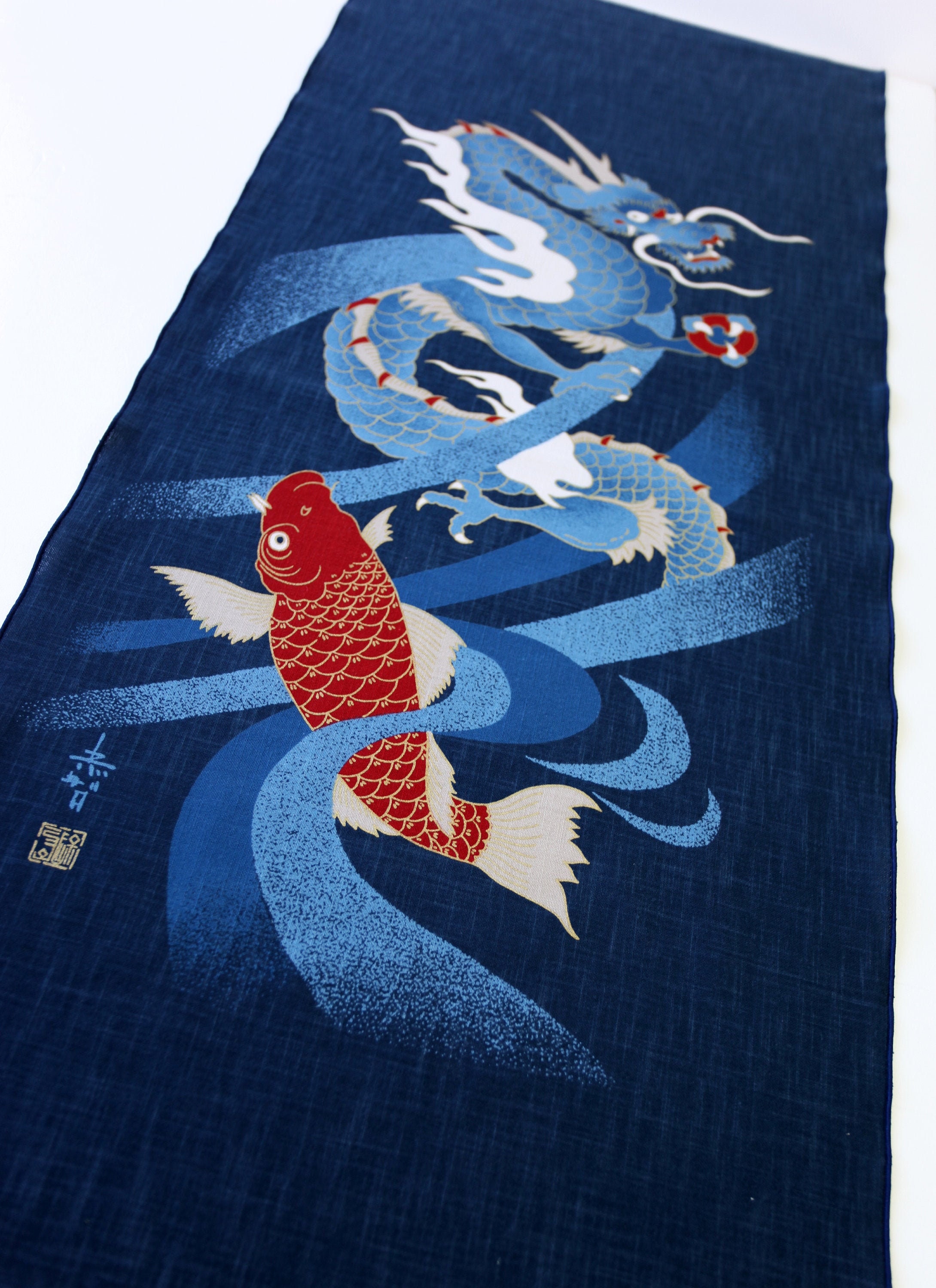 Dragon and carps noren panel, Japanese blue carp noren curtain panel, red carp Japanese fabric, dragon fabric, wall tapestries, wall panel