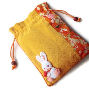 little rabbit yellow bag japanese fabric purse, kimono fabric, tenugui kawaii, japanese fabric bag, chirimem bag