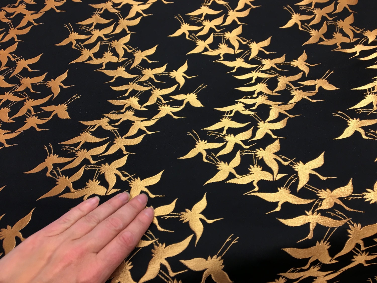 Japanese golden crane brocade black and golden Japanese brocade fabric decoration, noren Japanese obi fabric, double faced brocade