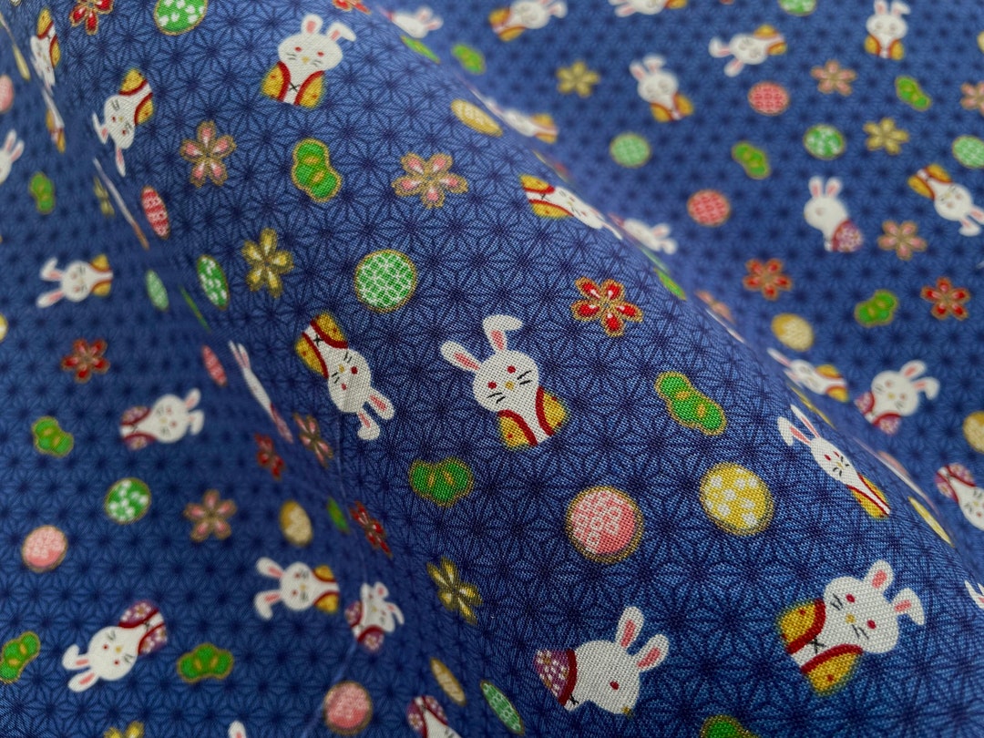 Blue Bunny's Japanese Cotton Fabric Fat Quarter, Rabbits Quilt Fabric ...