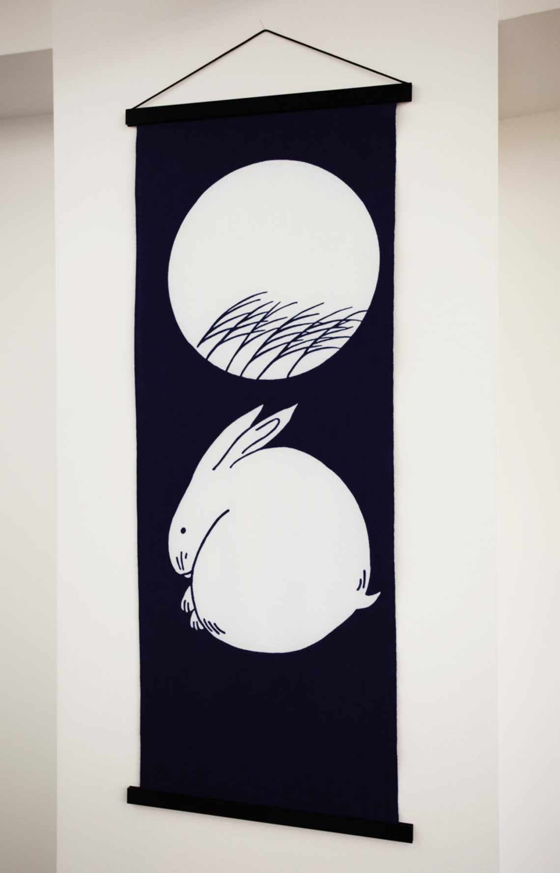 Japanese Bunnys Indigo Blue Fabric Tenugui Cotton Rabbits Etsy