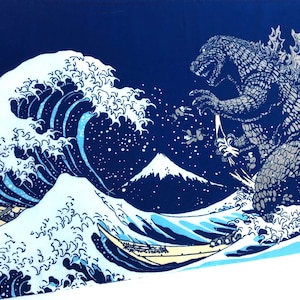 Godzilla tenugui fabric, shin godzilla birthday party, godzilla wall  panel, kendo bandana, martial arts, japan hokusai wave tsunami fabric
