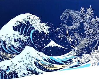 Godzilla tenugui fabric, shin godzilla birthday party, godzilla wall  panel, kendo bandana, martial arts, japan hokusai wave tsunami fabric