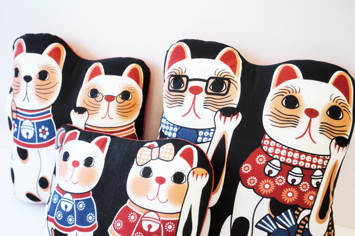 Maneki Neko Cat Throw Pillow Set Lucky Cat Japanese Pillow Etsy