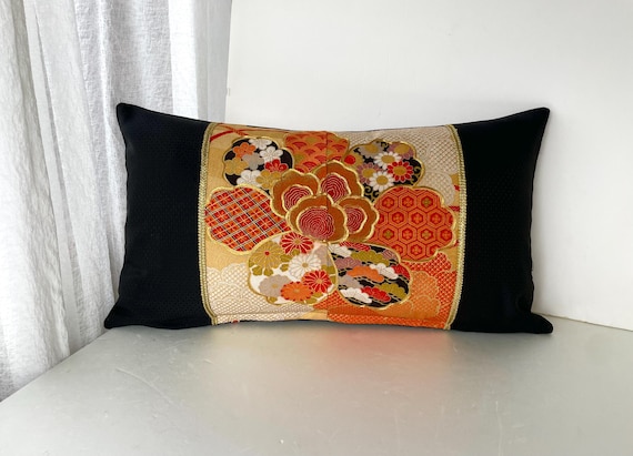 Golden floral vintage obi pillow case, golden bedding pillow, vintage silk kimono decoration pillow, wedding gift throw pillow cover