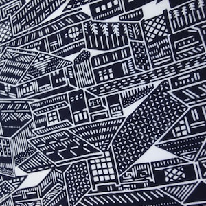 Japanese  tenugui fabric, Japanese houses in kyoto blue indigo fabric,  tenugui kawaii fabric, indigo blue Japanese fabric