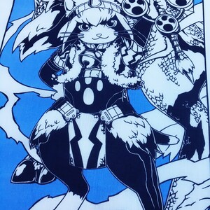 May include: A black and white illustration of a cat-like creature wearing a fur-trimmed coat and holding a weapon. The creature has a horn on its head and a paw print on its chest. The background is a light blue color.