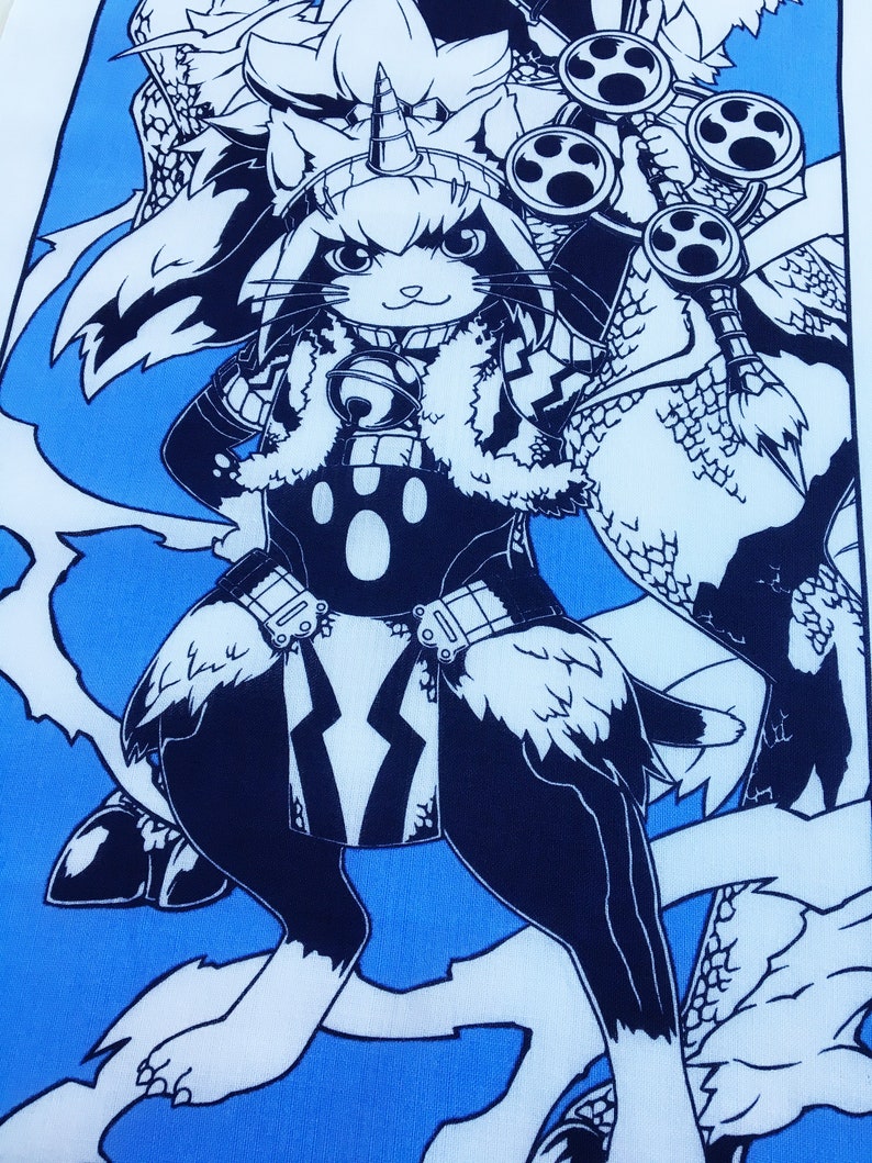 May include: A black and white illustration of a cat-like creature wearing a fur-trimmed coat and holding a weapon. The creature has a horn on its head and a paw print on its chest. The background is a light blue color.