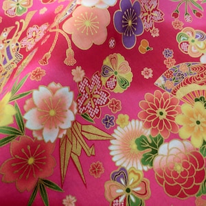 Japanese pink flowers kimono fabric cotton fat quarter, quilt japanese decoration tenugui japanese flowers cotton fabric,