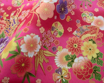 Japanese pink flowers kimono fabric cotton fat quarter, quilt japanese decoration tenugui japanese flowers cotton fabric,