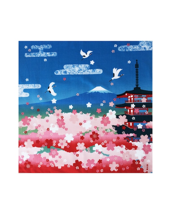 kawaii fabric kyoto tower tapestery panel, Japanese sakura furoshiki cloth fabric wrapping cherry tree tea towel fabric