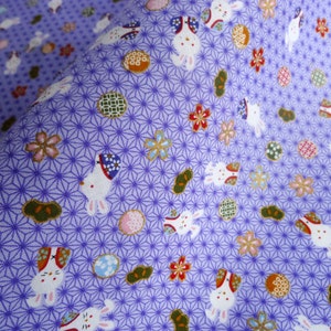 Purple rabbit fabric, Bunny fabric japanese cotton fat quarter, quilt decoration, oriental fabric by yard, tenugui Japanese kawaii fabric image 2