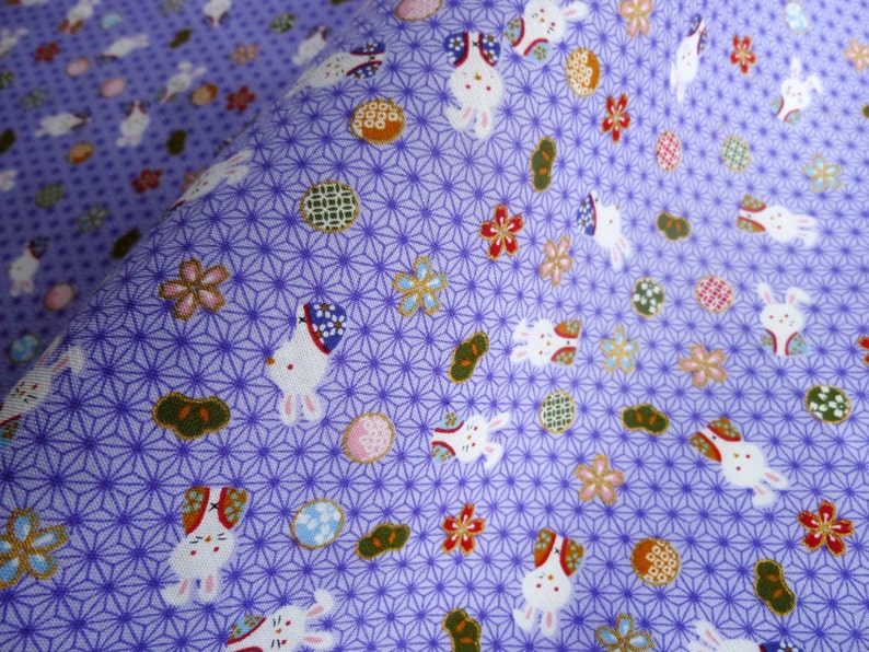 Purple rabbit fabric, Bunny fabric japanese cotton fat quarter, quilt decoration, oriental fabric by yard, tenugui Japanese kawaii fabric image 2