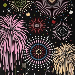 May include: Two white lucky cat figurines with black spots, wearing green and red collars with bells, stand in front of a cityscape with fireworks exploding in the night sky. The fireworks are pink, red, yellow, and blue.