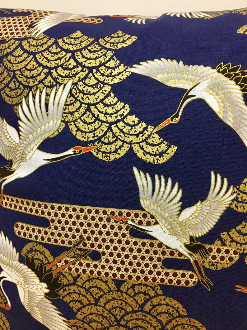 navy blue golden crane pillow case, 19 x 19 inches bedding pillow throw, Japanese golden fabric pillow cover, tsuru & waves pillow cushion image 7