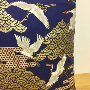 navy blue golden crane pillow case, 19 x 19 inches bedding pillow throw, Japanese golden fabric pillow cover, tsuru & waves pillow cushion image 5