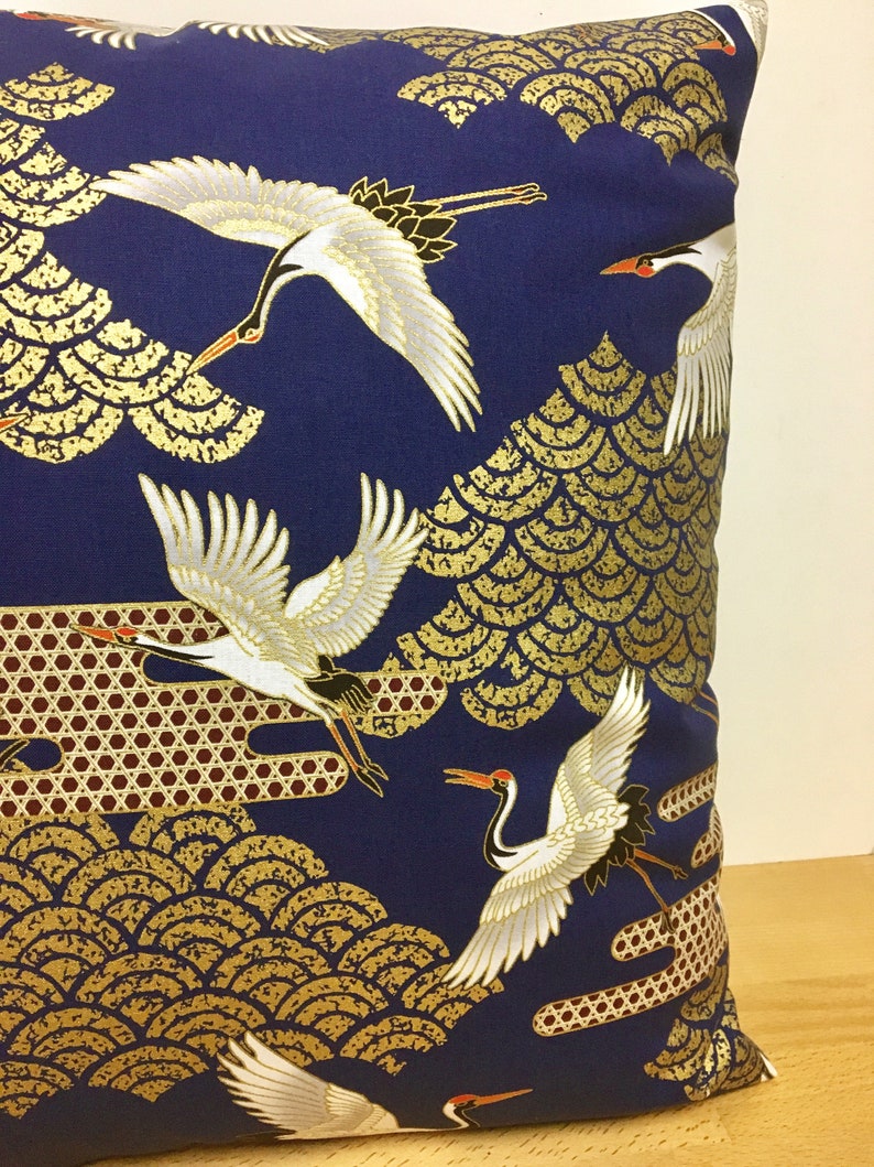 navy blue golden crane pillow case, 19 x 19 inches bedding pillow throw, Japanese golden fabric pillow cover, tsuru & waves pillow cushion image 5
