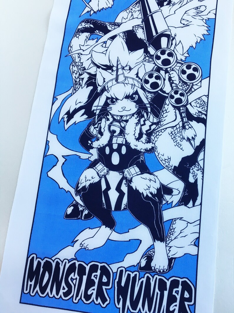 May include: A black and white illustration of a cat-like creature wearing armor and holding a weapon. The creature is standing on a blue background with the words "Monster Hunter" written below it.