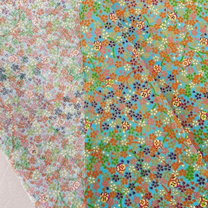 Puede incluir: Una tela con un patr&oacute;n denso de peque&ntilde;as flores de cerezo y motivos circulares en tonos naranja, verde, azul y dorado. El dise&ntilde;o se presenta sobre un fondo turquesa brillante, con una secci&oacute;n doblada que muestra una versi&oacute;n m&aacute;s clara.