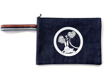 Bunny wristlet clutch, Japanese makeup purse, Japanese blue denim fabric purse, little girls purse, zipper purse, clutches, bunny crest