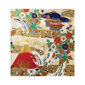 Japanese crane and mount fuji fabric, fabric by yard, kimono fabric, white floral Japanese fabric, wall decoration, quilt fabric, tissue image 2