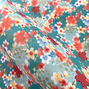 Japanischer grüner Blumenstoff, Metallic Gold Blumen, orientalische Baumwolle, grüne Sakura Blumen Meterware, japanische Fat Quarter, fröhliche Blüte
