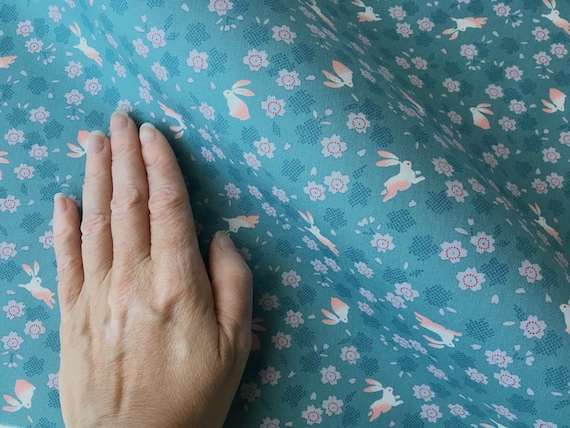 Blue bunny Japanese fabric cotton, rabbit and sakura fabric fat quarter, nursery decor bunny fabric, tissu japonais,