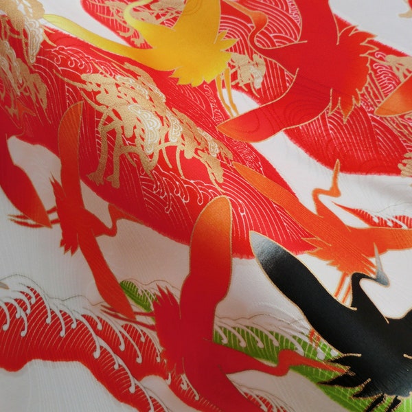 Orange crane Japanese kimono silk fabric panel, Japanese kimono silk fabric, kawaii fabric, silk screen fabric, vintage yuzen silk