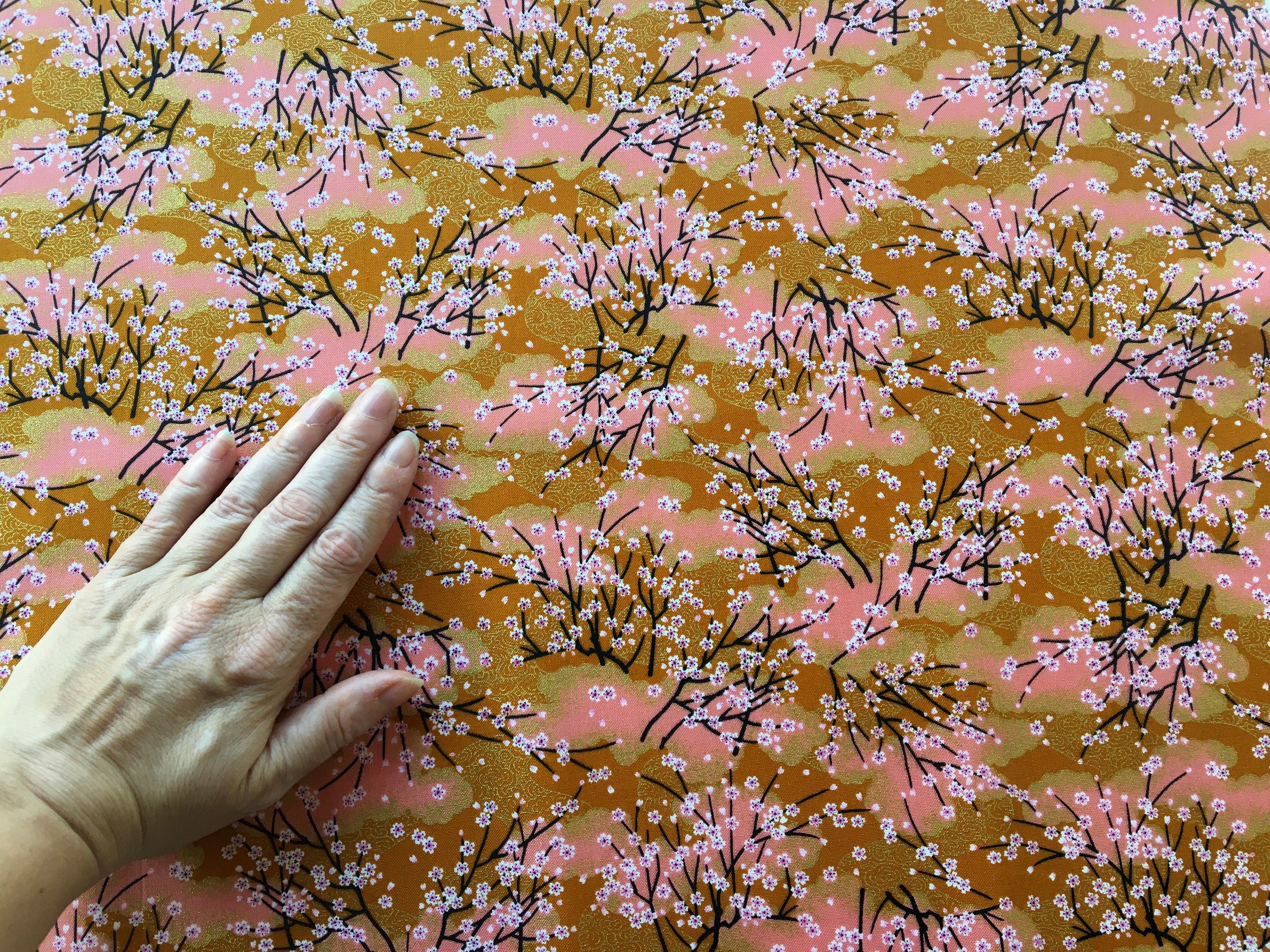 Vintage Style Cherry Blossoms On Blue Brown Japanese Cotton Fabric Quilting FQ 