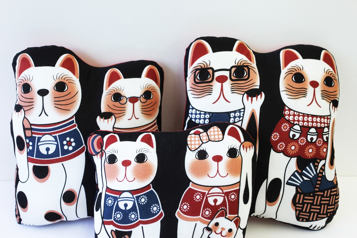 Maneki Neko Cat Throw Pillow Set Lucky Cat Japanese Pillow Etsy