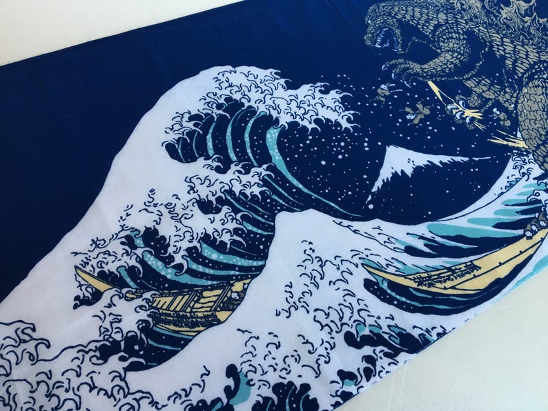 martial arts Godzilla tenugui fabric kendo bandana japan hokusai wave