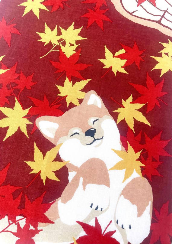 Shiba dog lovers tenugui fabric, Japanese dog and Marple leaves in Autumn, Shiba ken inu wall tapestry, chien tissu japonais, brown shiba