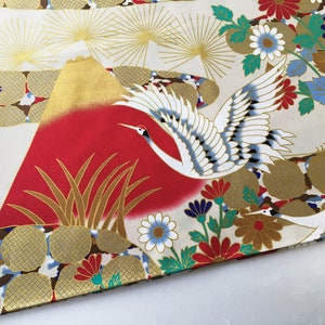 Japanese crane and mount fuji fabric, fabric by yard, kimono fabric, white floral Japanese fabric, wall decoration, quilt fabric, tissue image 3
