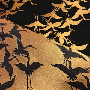 Japanese golden crane brocade black fabric, kimono fabric, Japanese brocade fabric, wall decoration, pillow cover japanese obi fabric,