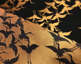 Japanese golden crane brocade black fabric, kimono fabric, Japanese brocade fabric, wall decoration, pillow cover japanese obi fabric,